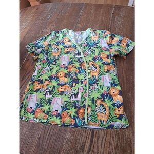 Medium White Cross Faux Wrap Jungle Animals Short Sleeve VNeck Scrub Top Shirt